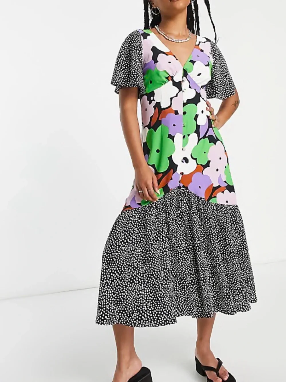 Sold Topshop Mixed Print Floral Polka Dot Midi Dress Multi-Color Flutter Sleeve - Picture 13 of 13